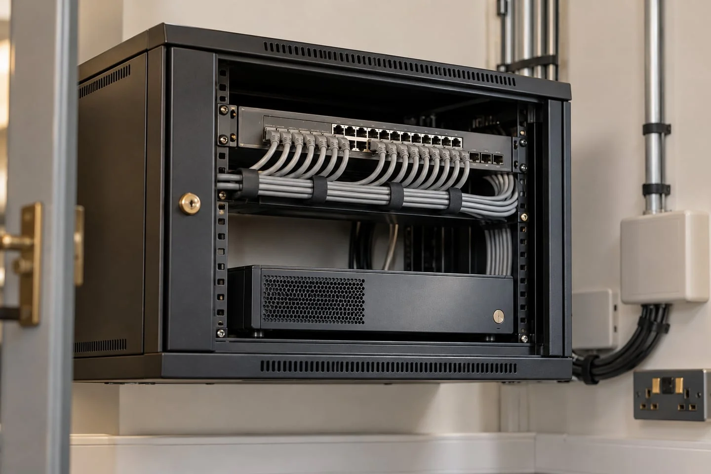Organised network equipment for a small business; illustrative equipment image
