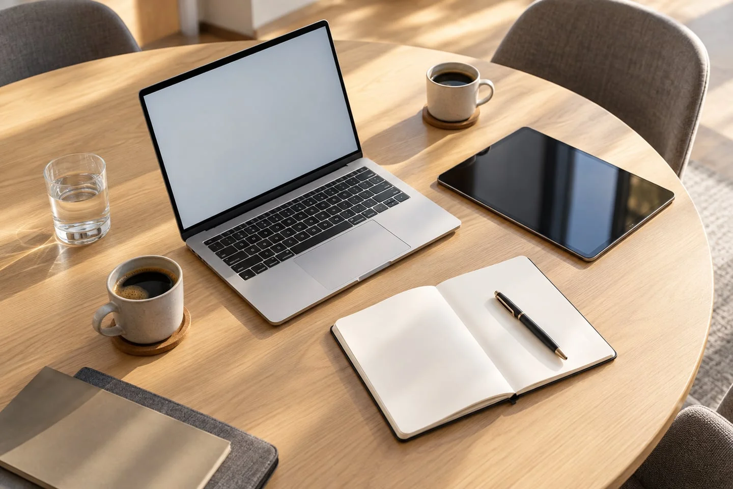 Shared meeting workspace with a laptop, tablet and notebooks; illustrative collaboration image